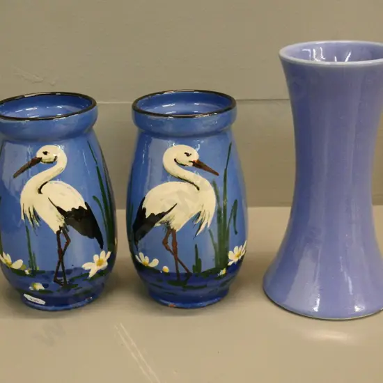 2 Torquay ware heron or crane motif vases & an Albion English specimen vase H-190