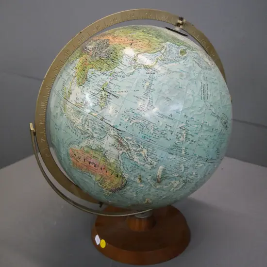 Reader's Digest world globe on wooden base & metal stand - some pitting to metal, fading to wood. H-430