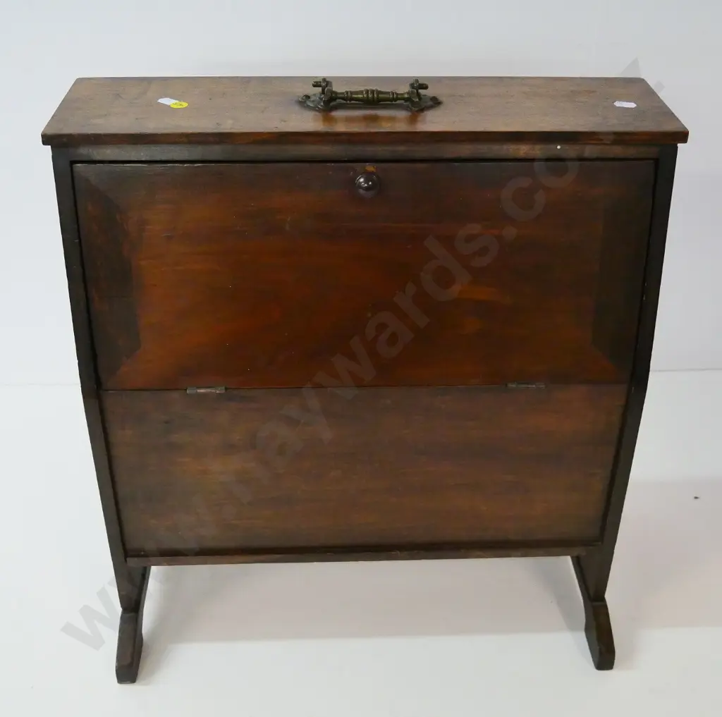 vintage rimu music or magazine storage stand with top handle, 2 drop-down doors H-540 W-490 D-310 at base Image 1++