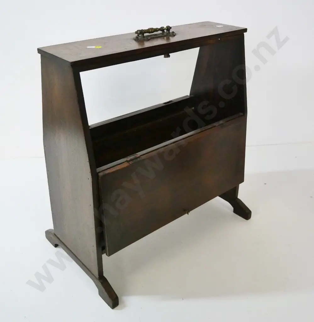 vintage rimu music or magazine storage stand with top handle, 2 drop-down doors H-540 W-490 D-310 at base Image 1++