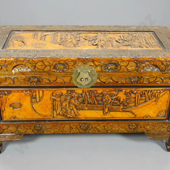 Chinese hand-carved camphorwood chest with brass catch, some marks to polish H-500 W-880 D-430