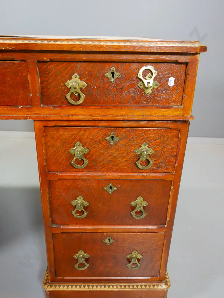 vintage oak twin pedestal 9-drawer desk w/brass drop handles & inlay decoration - finish needs work H740 W1220 D700 Image 1++