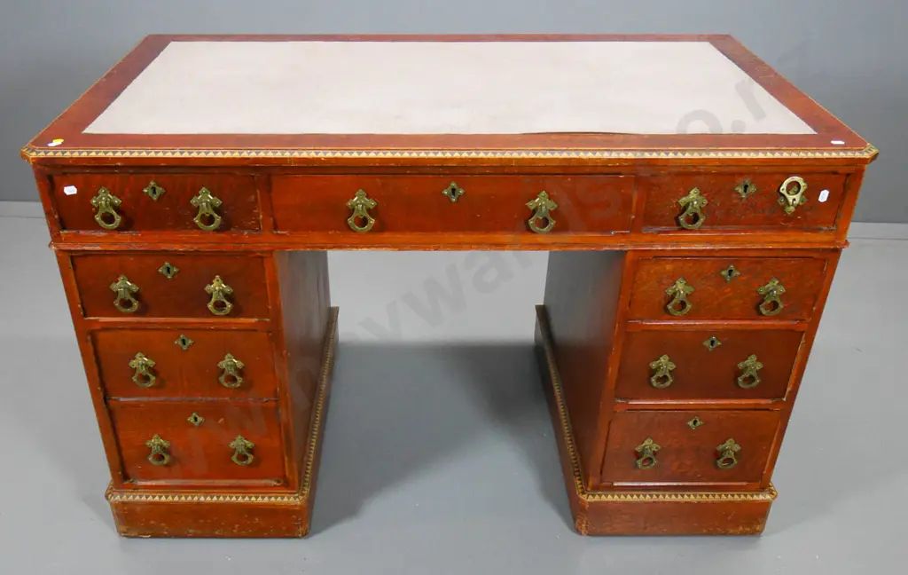 vintage oak twin pedestal 9-drawer desk w/brass drop handles & inlay decoration - finish needs work H740 W1220 D700 Image 1++