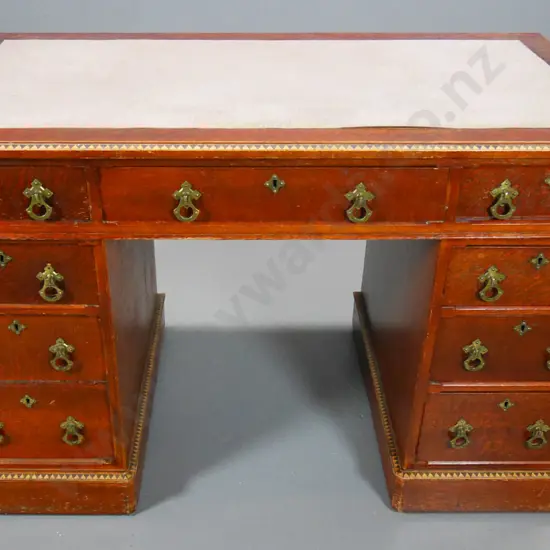 vintage oak twin pedestal 9-drawer desk w/brass drop handles & inlay decoration - finish needs work H740 W1220 D700