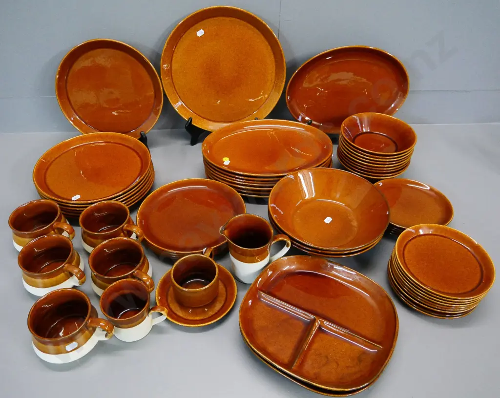 large collection of retro Crown Lynn dinnerware - most is Pioneer pattern, plus a few non matching, chip to one soup Image 1++