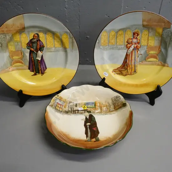 3 Royal Doulton items - 2 Shakespeare plates and a Dickens Fagan bowl - some crazing / decoration wear