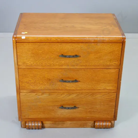 small deco oak 3-drawer chest with metal handles H-610 W-600 D-380