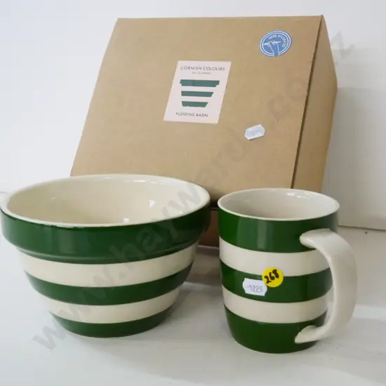 T&G Greene dark green and cream Cornish ware mixing bowl H-100 D-110 with box and a mug