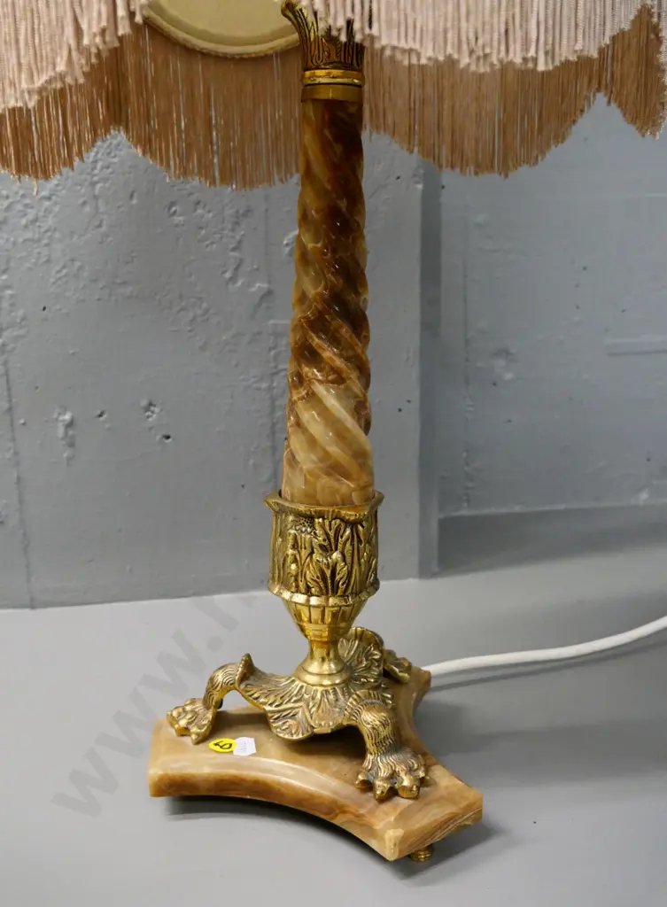 alabaster and brass table lamp with tasseled shade H-700 Image 1++