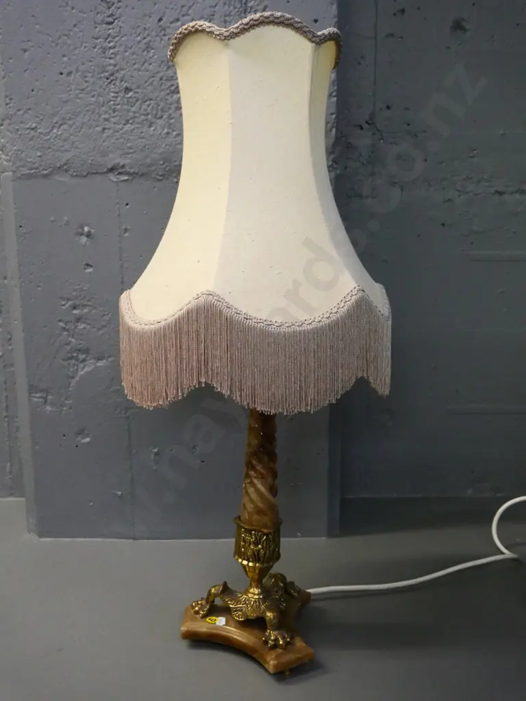 alabaster and brass table lamp with tasseled shade H-700 Image 1++