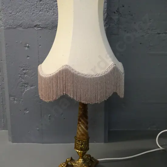 alabaster and brass table lamp with tasseled shade H-700
