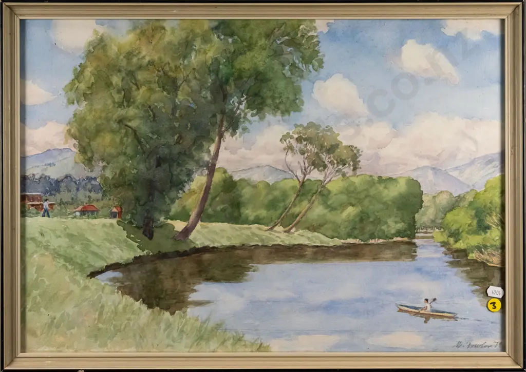 framed watercolour - kayak on river H-350 W-510 Image 1++