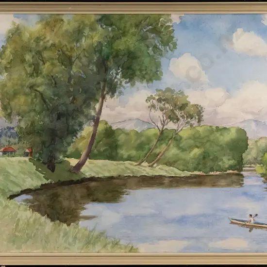 framed watercolour - kayak on river H-350 W-510