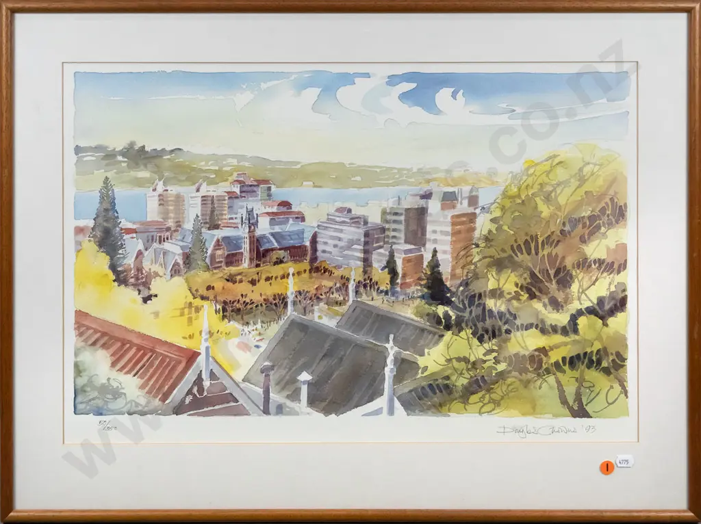 framed and signed Douglas Chowns '93 print - university of Otago H-340 W-550 Image 1++