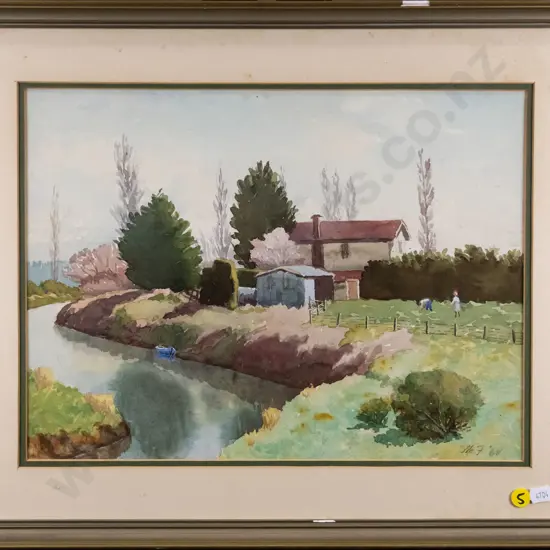 framed watercolour - country cottage by river  (slight foxing, frame needs attention) H-270 W-360
