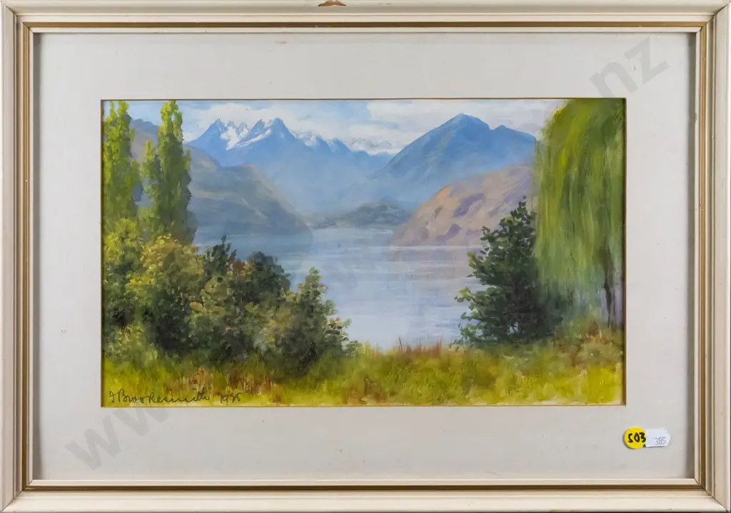 framed watercolour - lake and mountain scene H-200 W-340 Image 1++