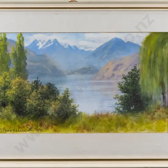 framed watercolour - lake and mountain scene H-200 W-340