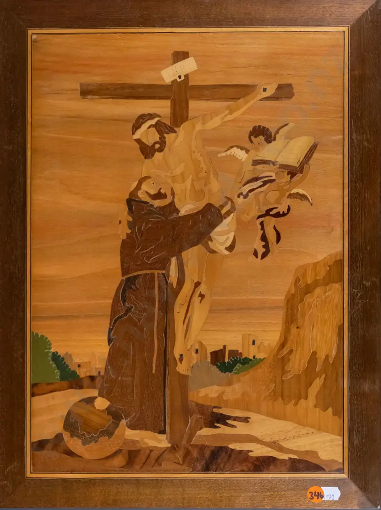 wooden marquetry wall hanging - crucifixion scene H-420 W-320 Image 1++