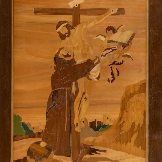 wooden marquetry wall hanging - crucifixion scene H-420 W-320