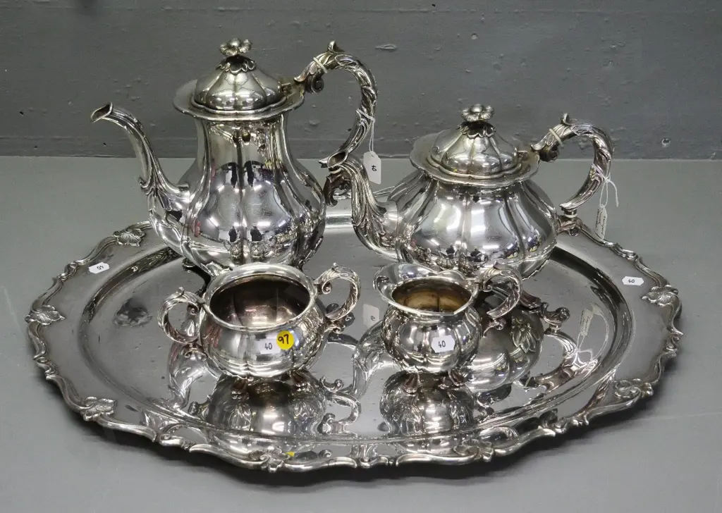 Danish EPNS plated 4-piece tea set and tray - hot water pot is H-230 - tray L-530 W-400 Image 1++