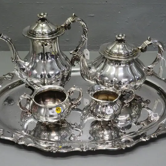 Danish EPNS plated 4-piece tea set and tray - hot water pot is H-230 - tray L-530 W-400