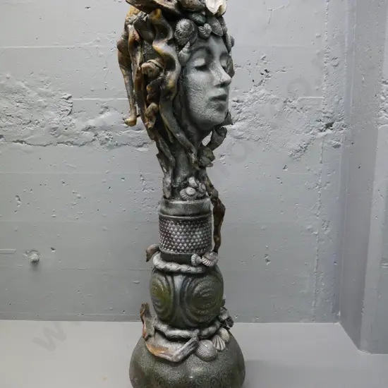 mixed media sculpture by Maree McMullan - seashell motif - glass, shell, plastic, driftwood, etc. H-850