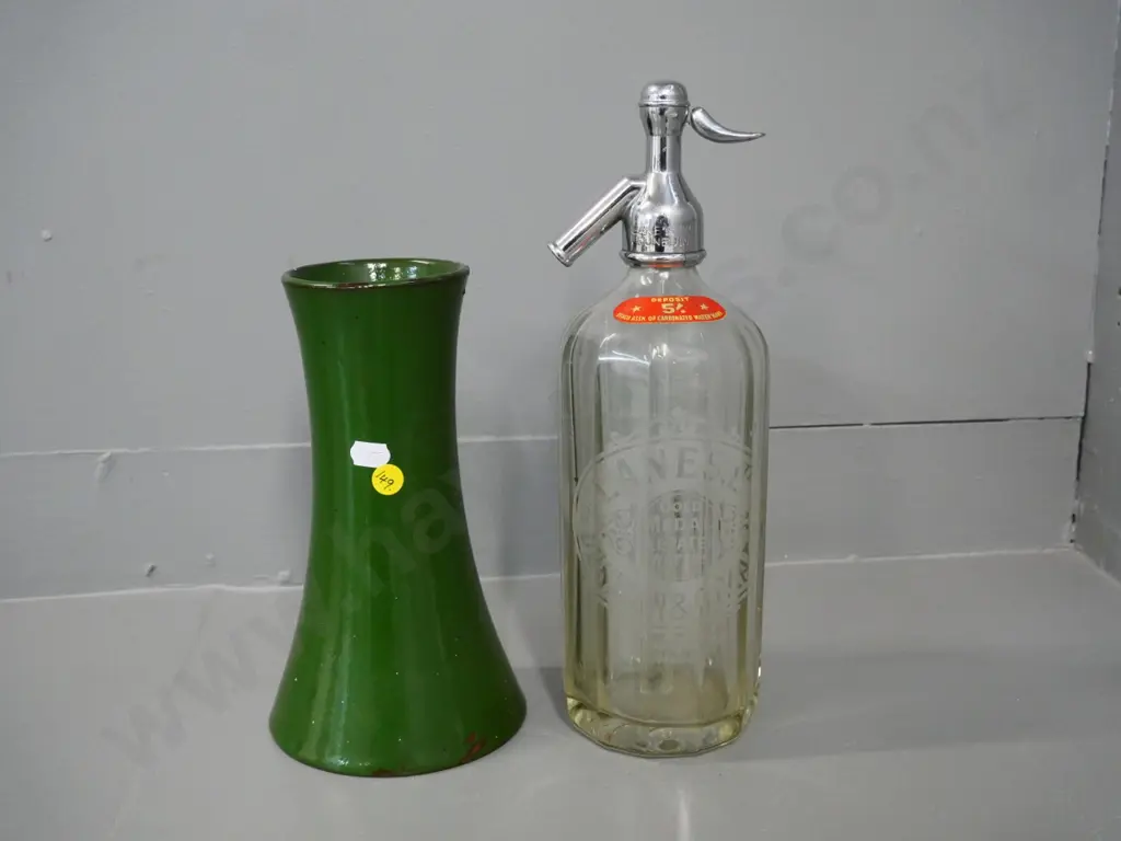 vintage Lane's Dunedin and Oamaru soda syphon and a specimen vase etched with "Dunedin Exhibition 1925-26" H-220 Image 1++