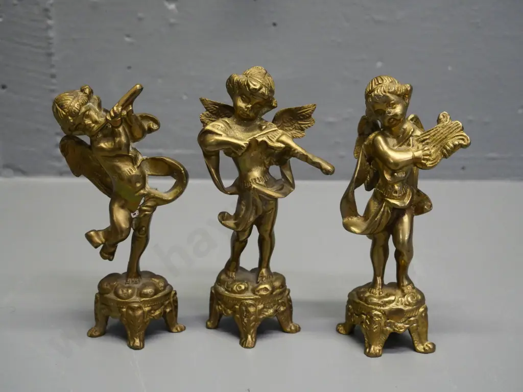 set of 3 cast brass cherub musician figures - tallest is H-150 Image 1++