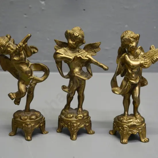 set of 3 cast brass cherub musician figures - tallest is H-150