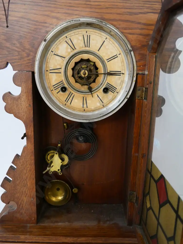 vintage carved oak Ansonia striking mantel clock w/key, faux leadlight decoration, not working  H-570 W-380 Image 1++