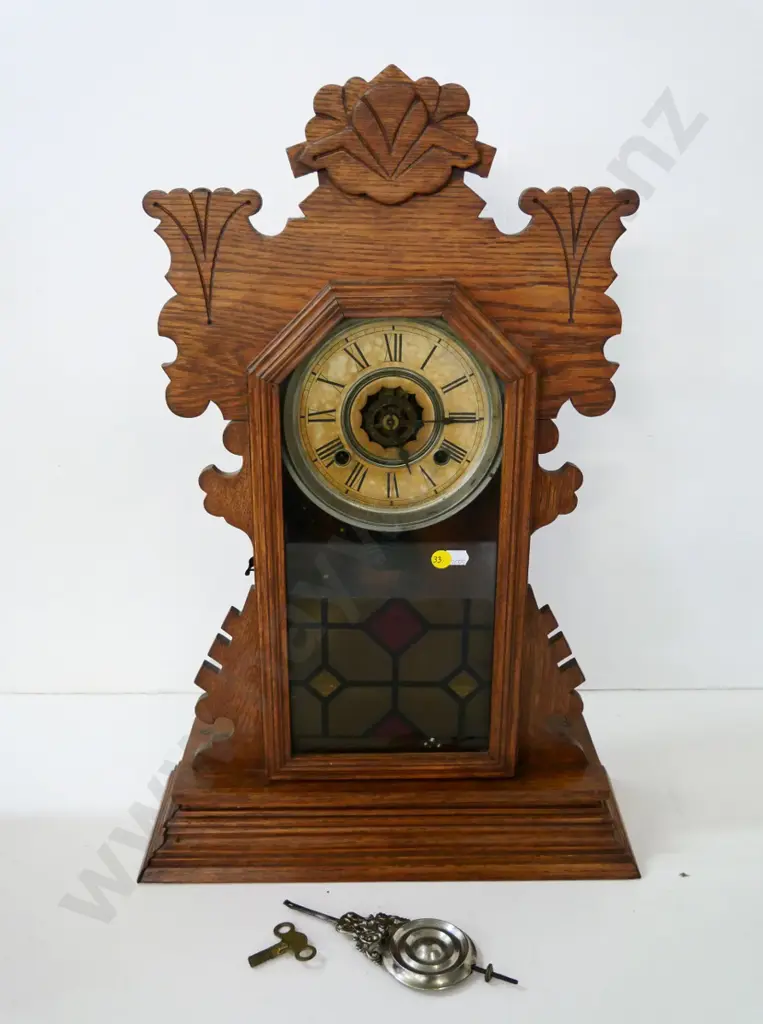 vintage carved oak Ansonia striking mantel clock w/key, faux leadlight decoration, not working  H-570 W-380 Image 1++