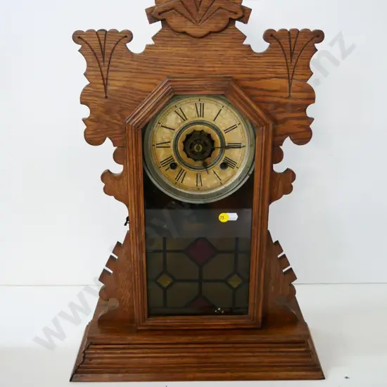vintage carved oak Ansonia striking mantel clock w/key, faux leadlight decoration, not working  H-570 W-380