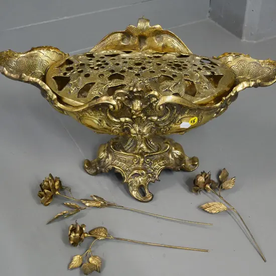 heavy figured brass vase with frog and 3 metal faux stemmed roses