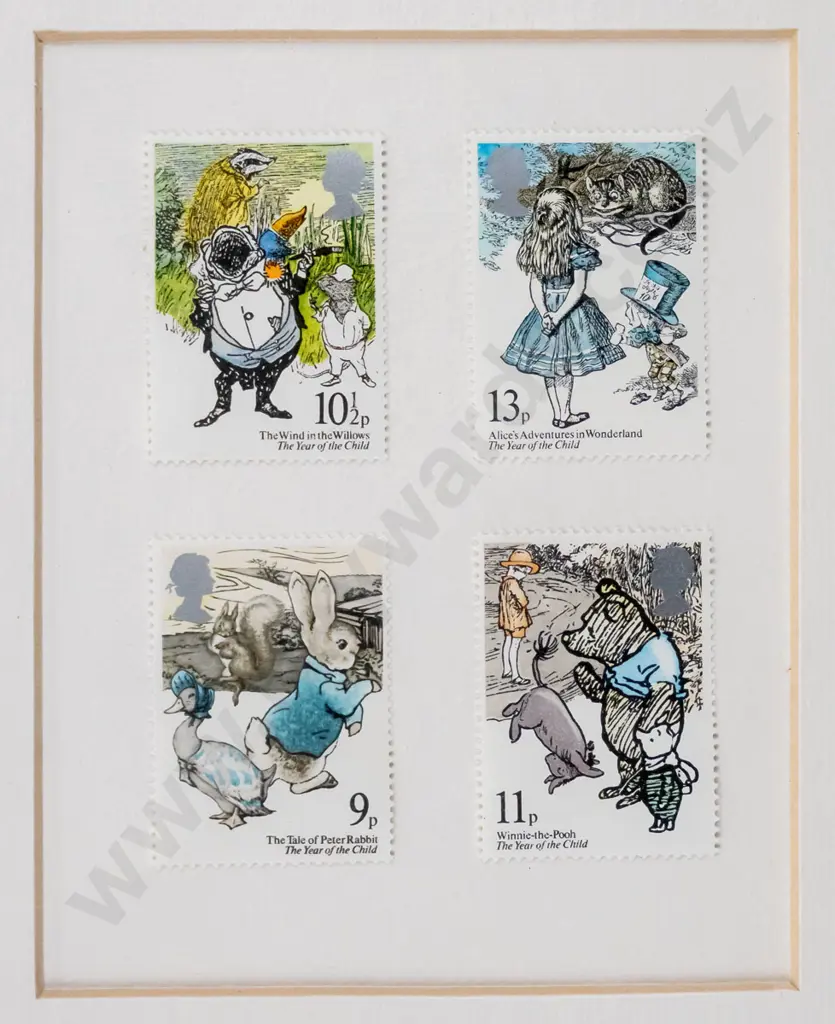 gilt framed postage stamps - Alice in Wonderland, Winnie the Pooh, Peter Rabbit, Wind in the willows H-90 W-70 Image 1++