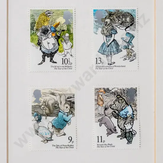 gilt framed postage stamps - Alice in Wonderland, Winnie the Pooh, Peter Rabbit, Wind in the willows H-90 W-70
