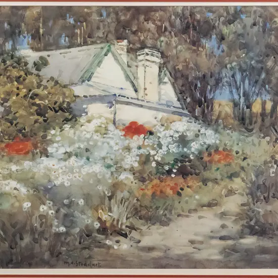 framed Magaret Stoddart print - country house and garden H-380 W-480