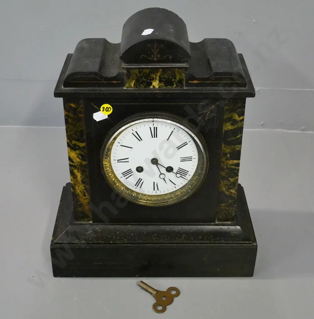 restorer's dark marble cased mantel clock with brass bezel, key H-330 W-280 D-140 Image 1++