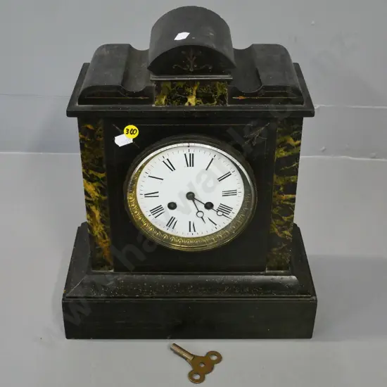 restorer's dark marble cased mantel clock with brass bezel, key H-330 W-280 D-140