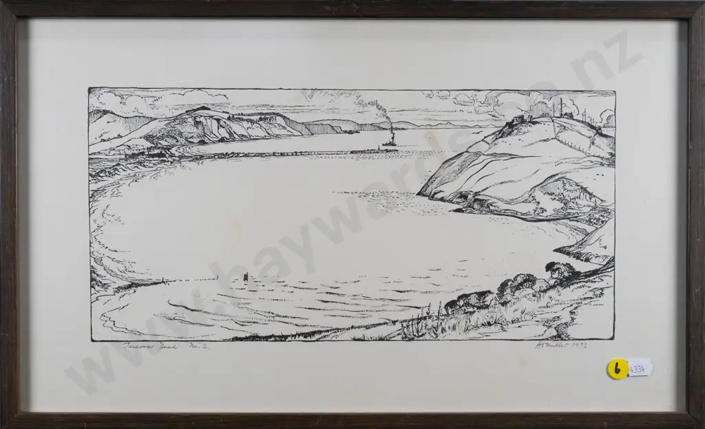 framed and signed HV Miller 1972 print  "Taiaroa Heads No. 2" (slight foxing) H-160 W-350 Image 1++