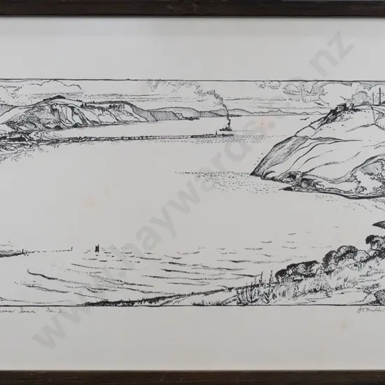 framed and signed HV Miller 1972 print  "Taiaroa Heads No. 2" (slight foxing) H-160 W-350