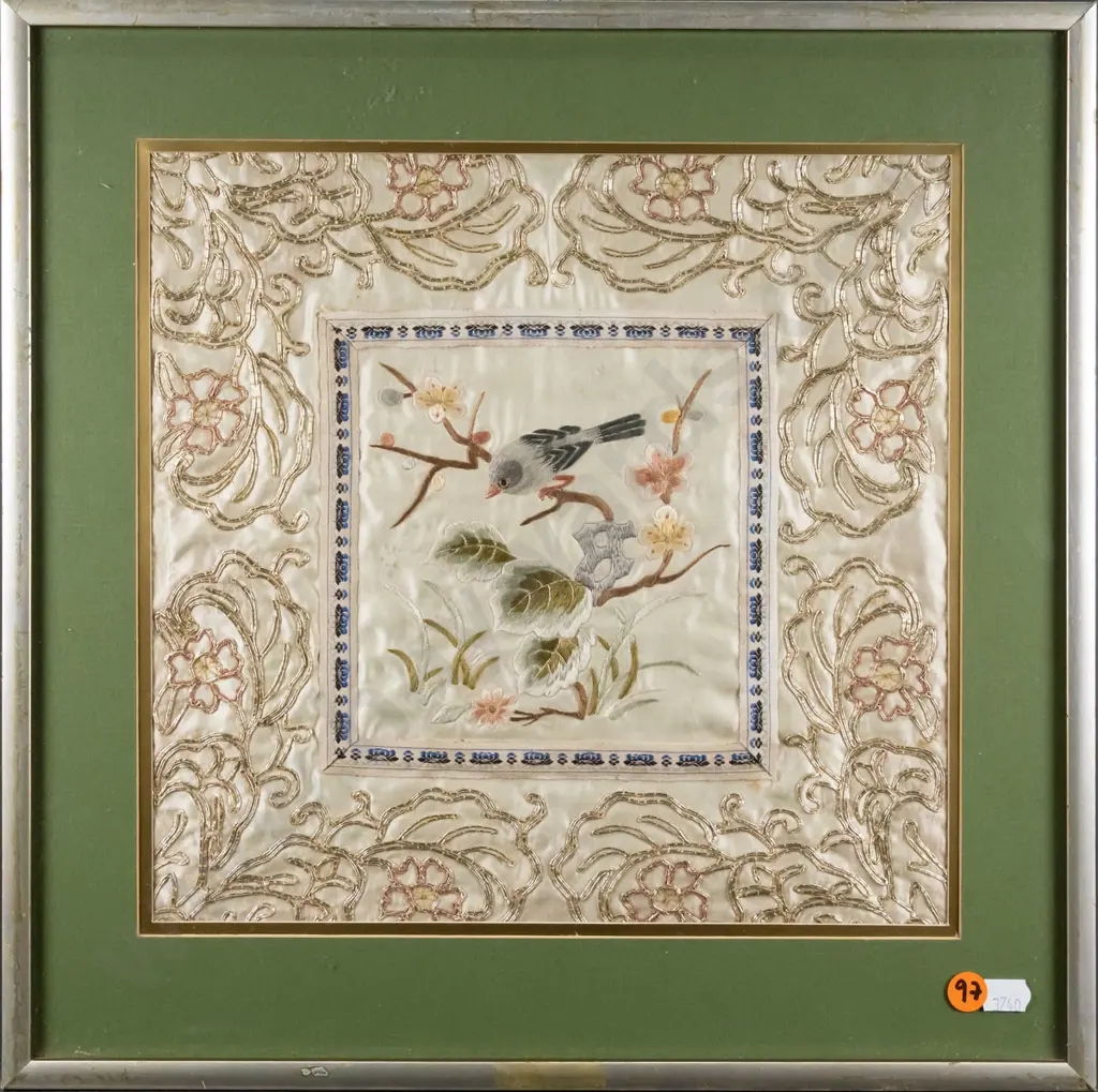 framed needlework on silk - bird on branch H-270 W-270 Image 1++