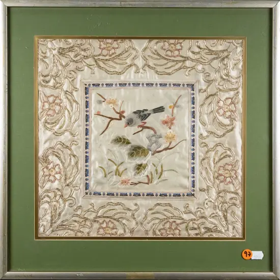framed needlework on silk - bird on branch H-270 W-270