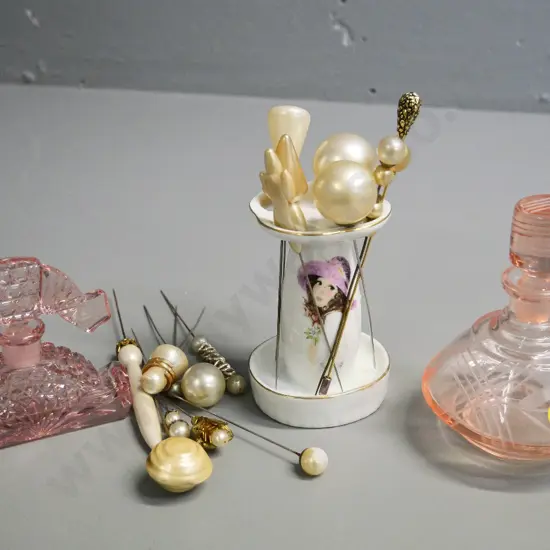 assorted vintage hat pins with china holder and 2 pink glass scent bottles, taller is H-120
