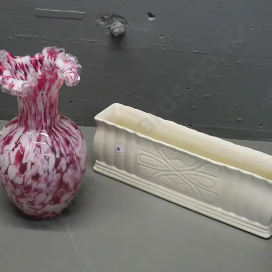 2 vases - Beswick white glaze flower trough and pink and white stipple frilled vase H-250