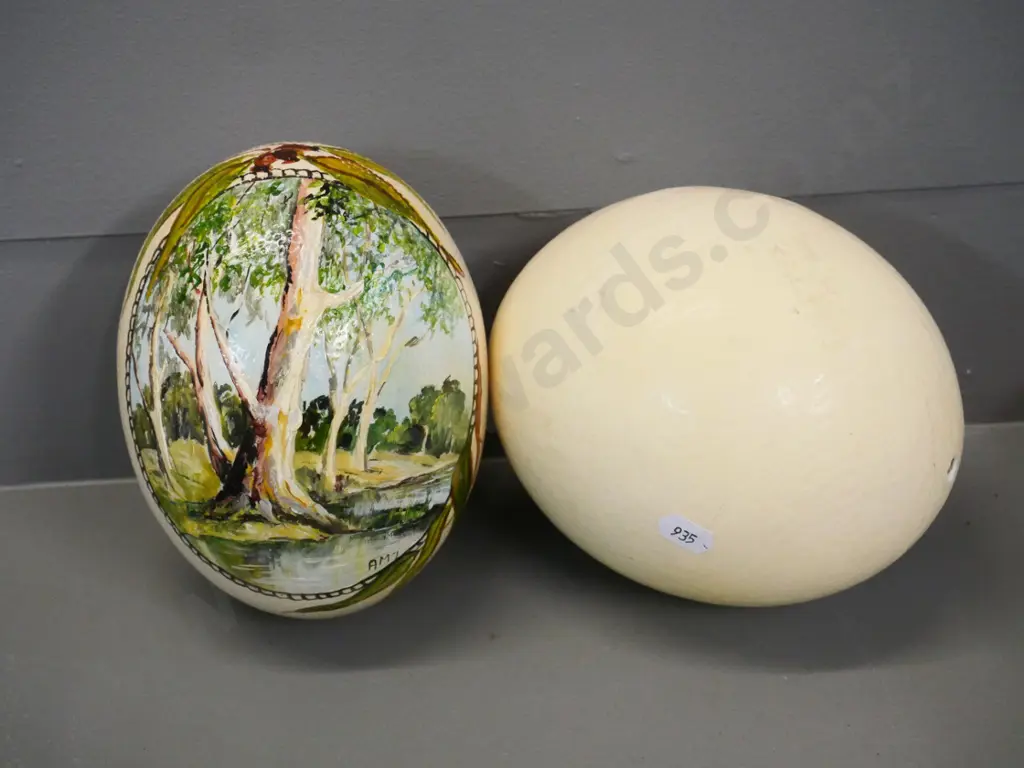 2 ostrich eggs - smaller one with hand-painted landscape. Larger one is L-150 Diameter 130 in middle Image 1++