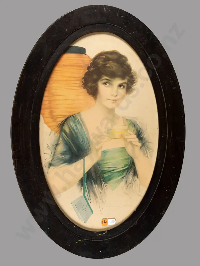 oval oak framed vintage print - woman drinking tea H-390 W-240 Image 1++