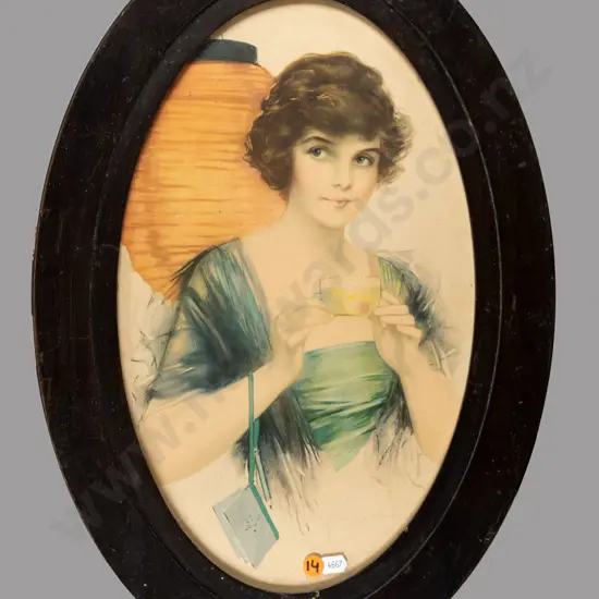 oval oak framed vintage print - woman drinking tea H-390 W-240