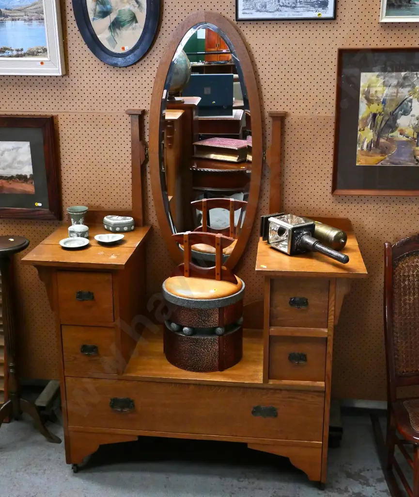 deco oak dressing table with oval bevelled mirror, 5 drawers, casters, metal handles, splits to top H1720 W1200 D500 Image 1++