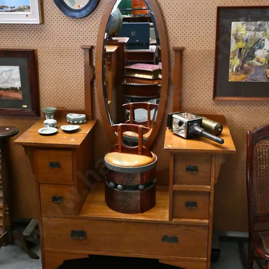 deco oak dressing table with oval bevelled mirror, 5 drawers, casters, metal handles, splits to top H1720 W1200 D500