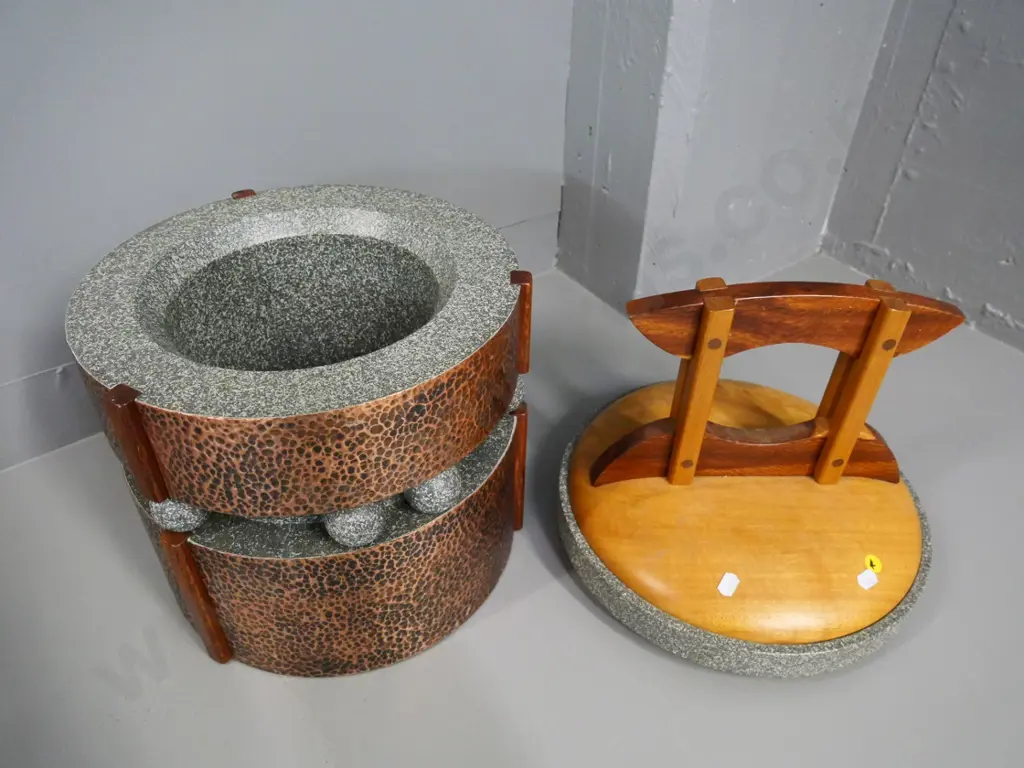 heavy large lidded timber, beaten copper and composite covering item - ice bucket? artwork? H-540 D-310 Image 1++